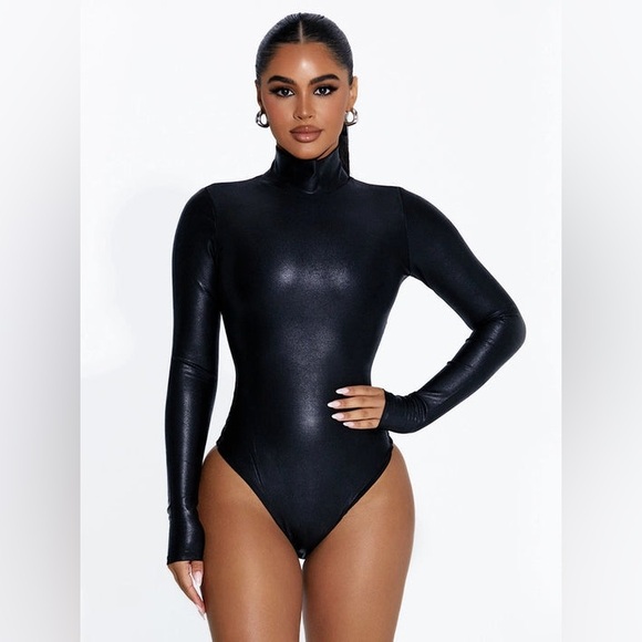 Naked Wardrobe Black Turtleneck Faux Leather Bodysuit X Small 1 main image 1